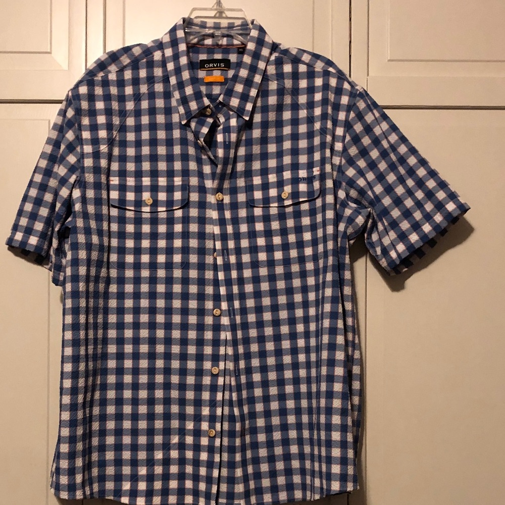 Orvis Men's Blue and White Plaid Shirt